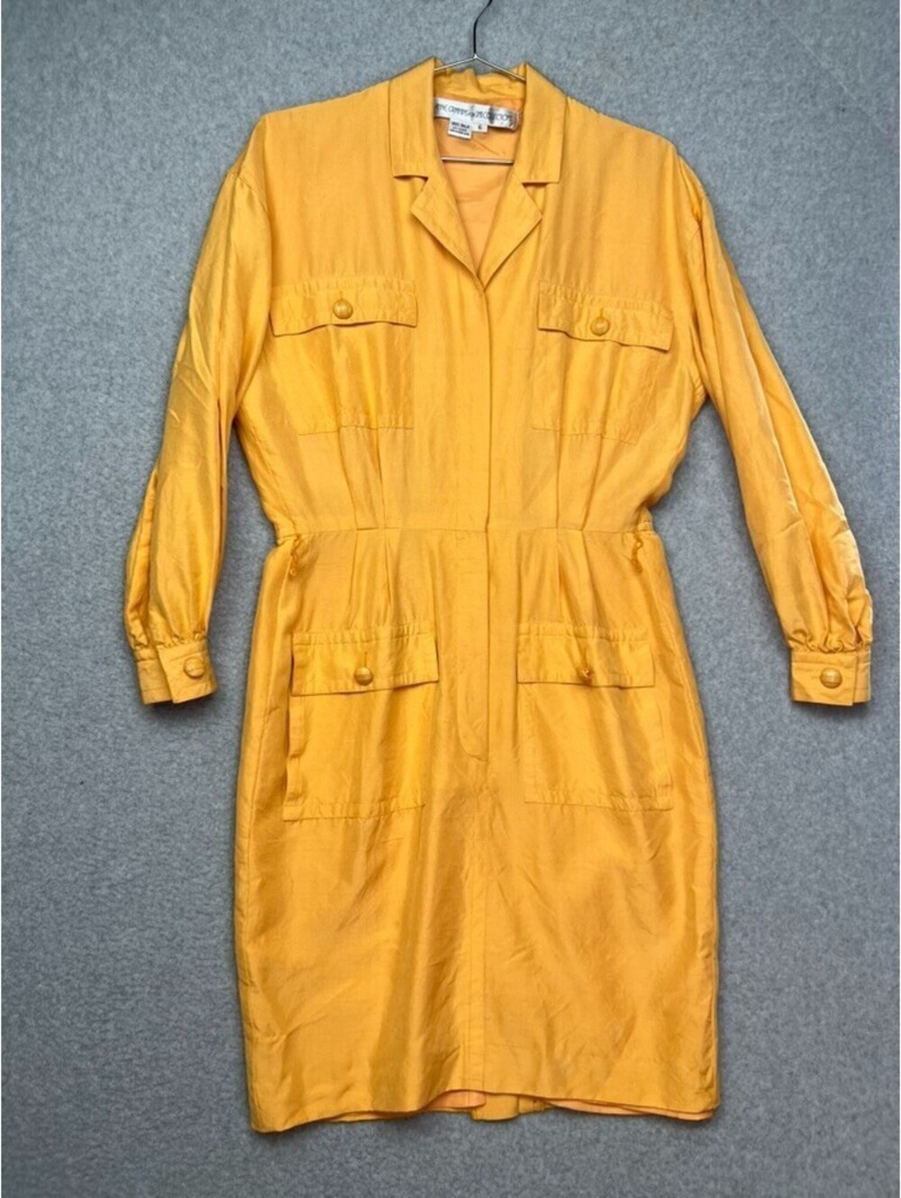 VTG 80s Anne Crimmins UMI Collections Yellow Silk Utility Shirt Dress 6 Pockets